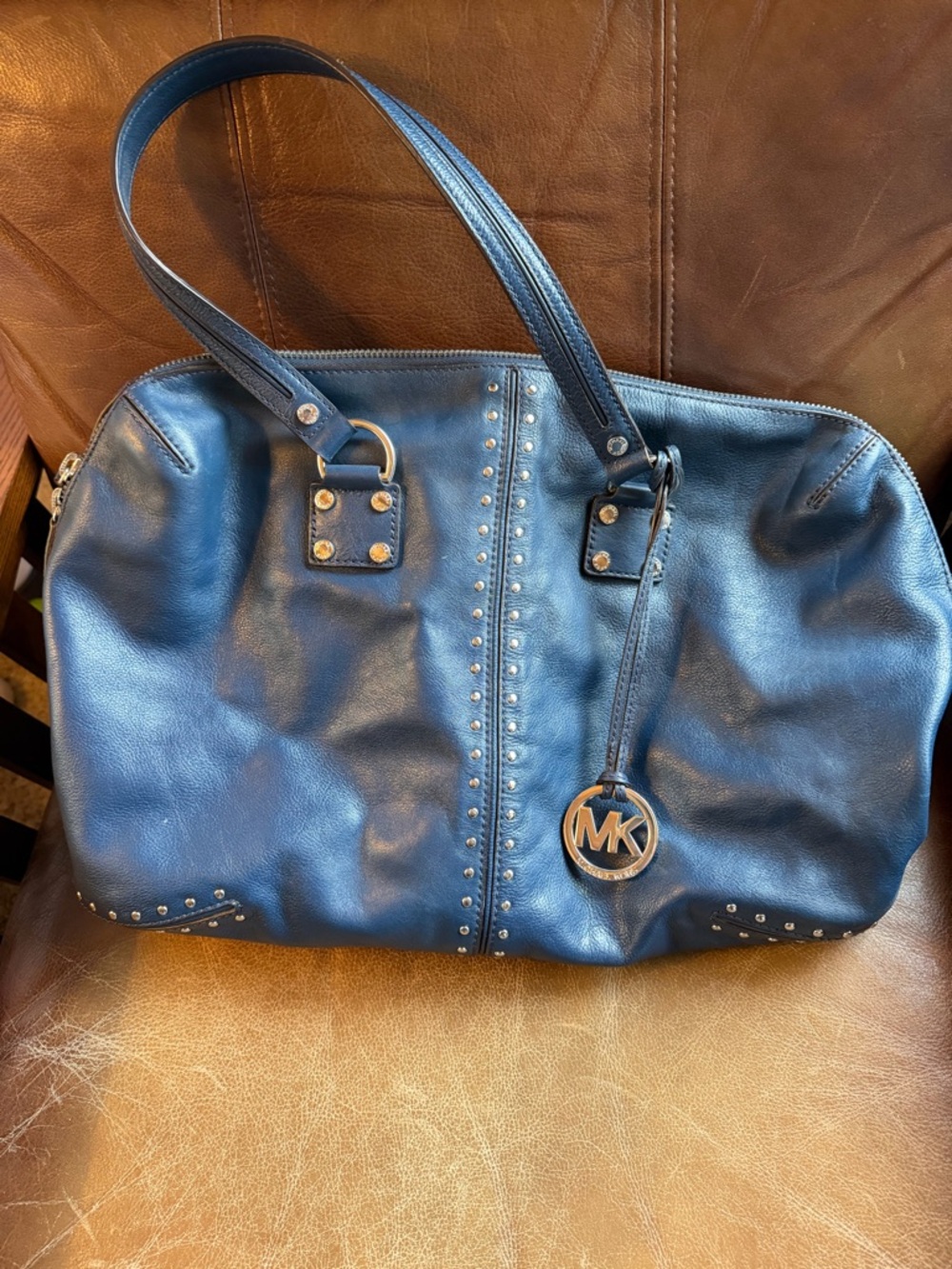 Michael Kors Navy Leather Studded Shoulder Bag